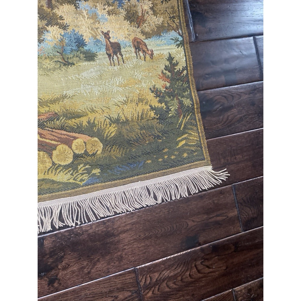 Vintage Deer Forrest Cabin Wall Hanging Tapestry 53 x 25" Hunting Scene - Picture 4 of 16